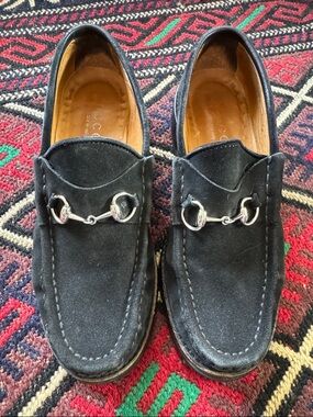 Vintage Gucci Black Suede Horsebit Loafers